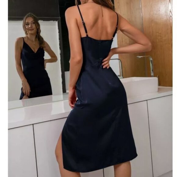 d&m New Satin Slip Dress Spaghetti Strap Slit Navy Blue Silky Sexy Size Medium - Picture 3 of 5